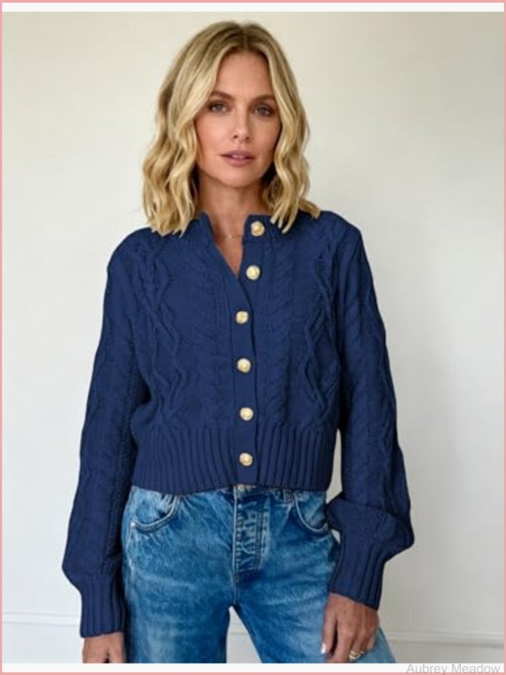 Vintage Cable Knit Cropped Cardigan Women Crewneck Chunky Button Up Sweater - Picture 3 of 7